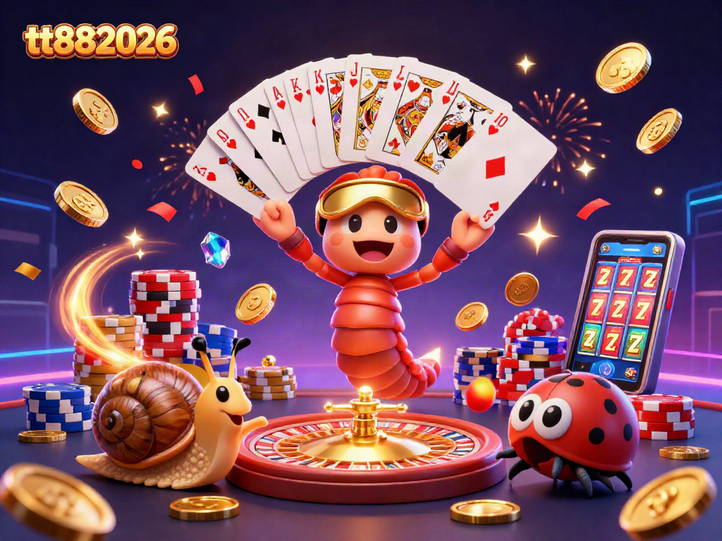 Engage with tt882026: Vibrant casino scene featuring a millipede dealer and high-roller snail.