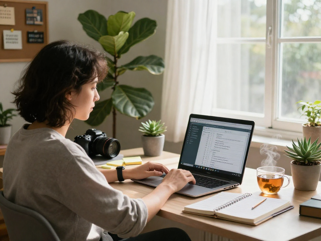 Motchill in a cozy home office setting, featuring a person on a video call surrounded by productivity tools and plants.