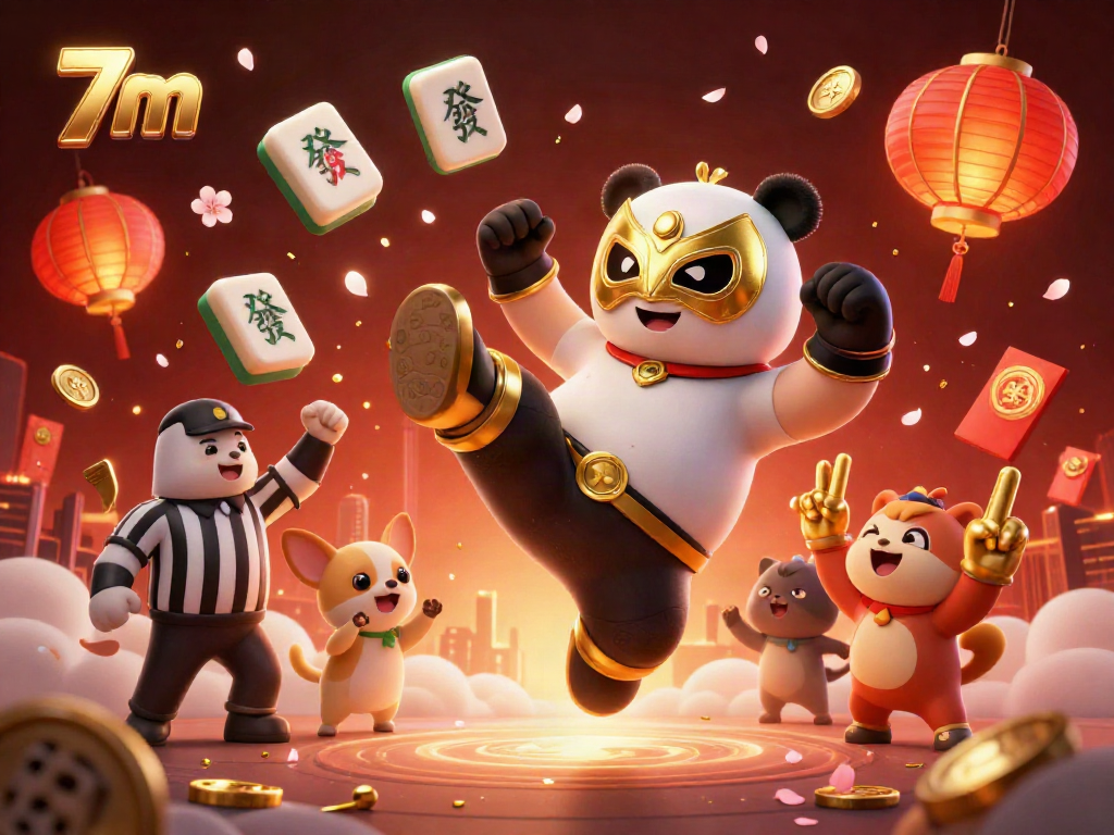 Experience exhilarating 7m action with a panda performing an epic kick in a lively casino scene.