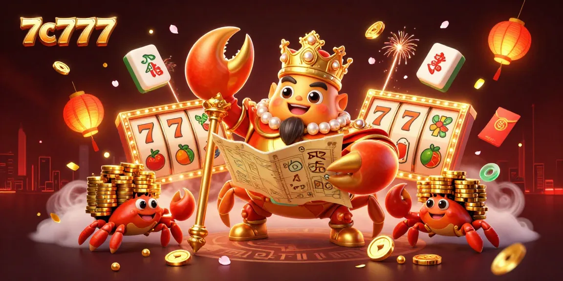 Experience the excitement of 7c777 with a golden crab emperor amid vibrant casino elements.