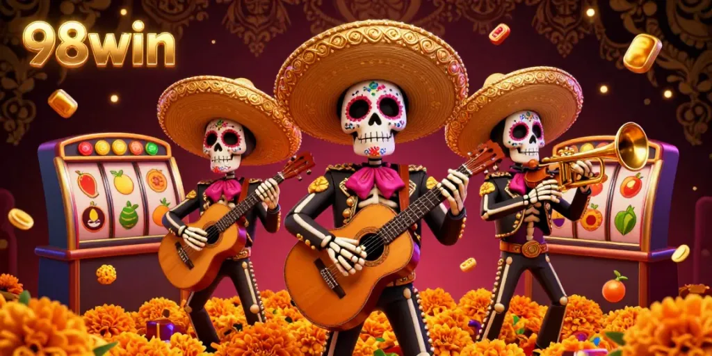Experience thrilling moments at 98win as the lively mariachi band plays amidst colorful casino themes and vibrant symbols.