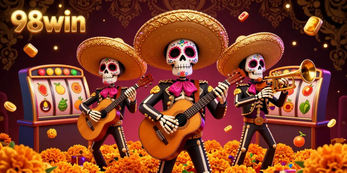 Experience thrilling moments at 98win as the lively mariachi band plays amidst colorful casino themes and vibrant symbols.