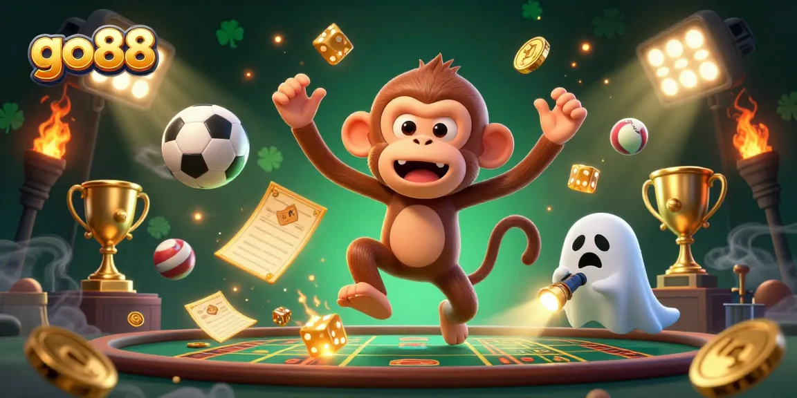 go88 showcases a lively casino scene with a mischievous monkey and puppy pursuing golden elements.