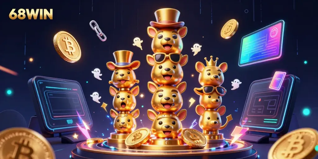 Experience thrilling moments at 68WIN with NFT elements and glowing coins in a vibrant casino scene.