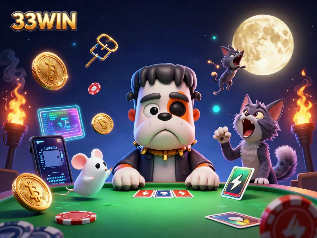 Experience thrilling gaming with 33WIN at a spooky casino table featuring unique characters and rich graphics.