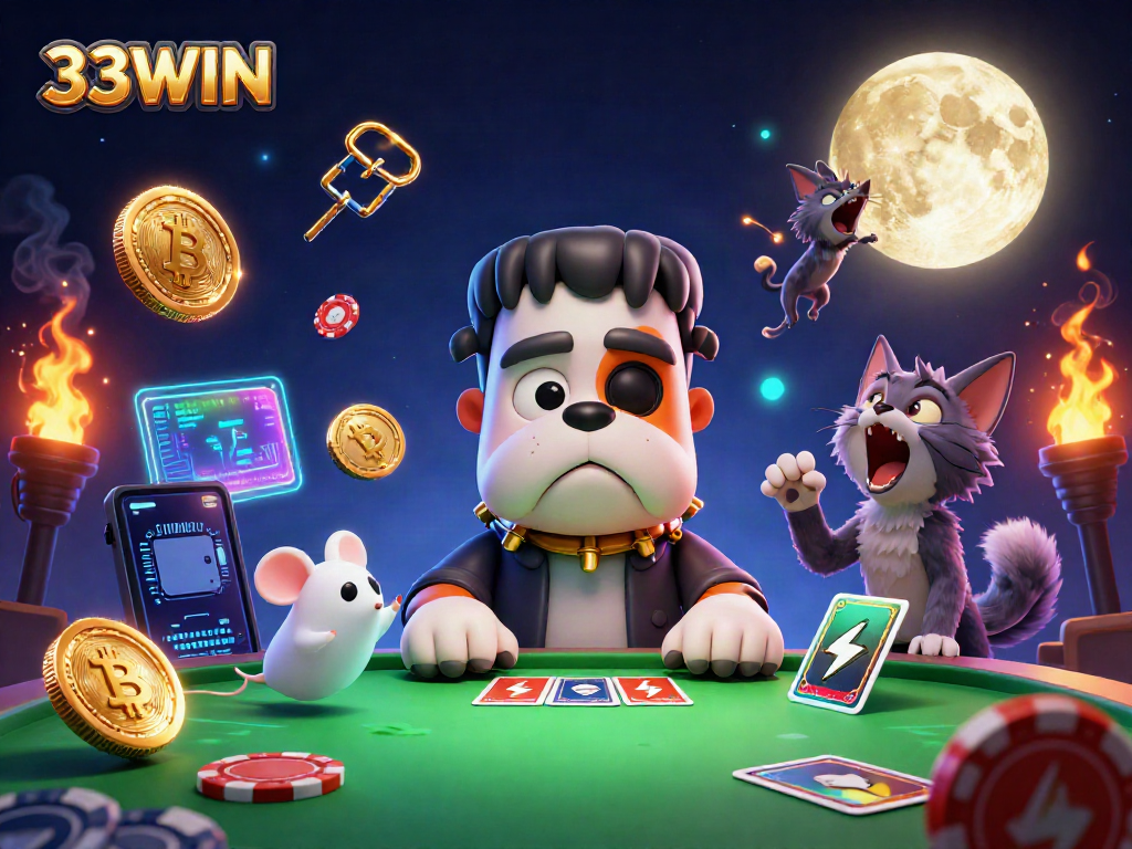 Experience thrilling gaming with 33WIN at a spooky casino table featuring unique characters and rich graphics.