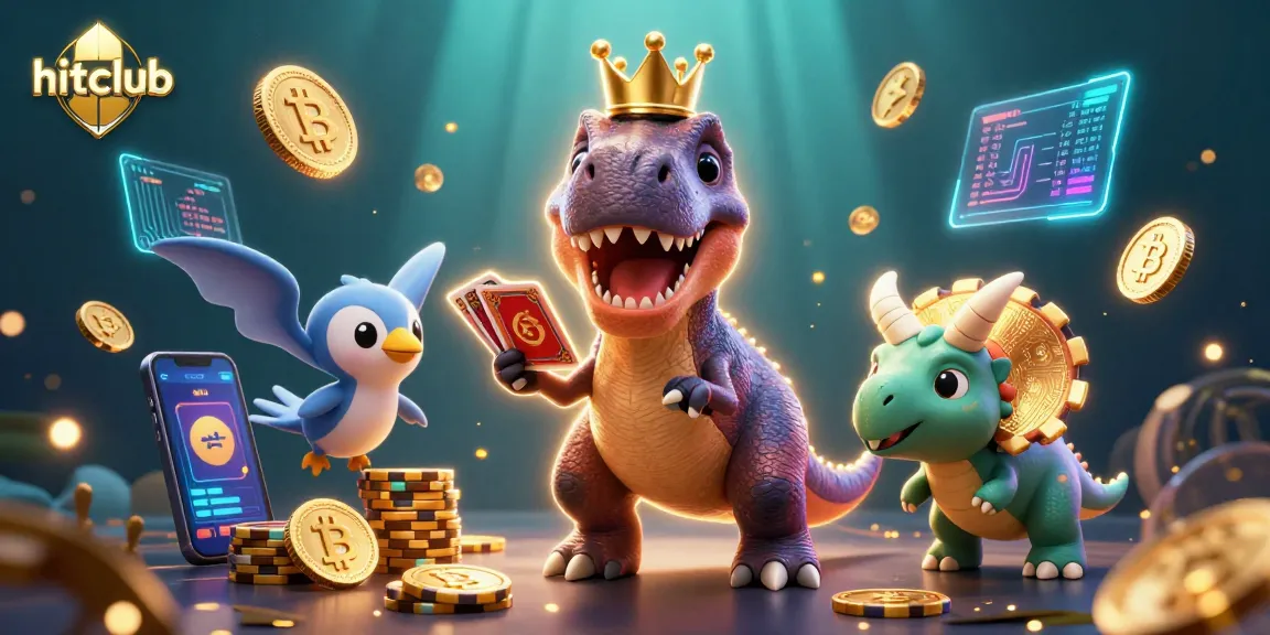 Hitclub showcases a fun scene with a T-Rex gambling at a casino, surrounded by crypto coins and vibrant game elements.