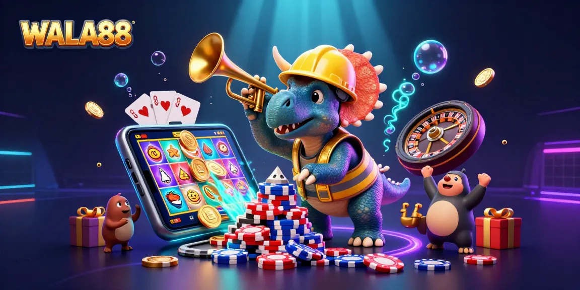 Engage with WALA88 as a triceratops builds poker chip pyramid amidst vibrant casino elements.