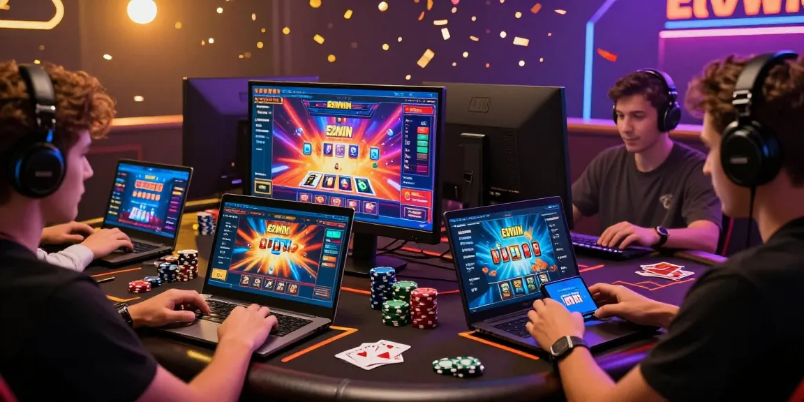 Trải nghiệm Game E2WIN với người chơi hứng khởi trong không gian casino trực tuyến đầy màu sắc.