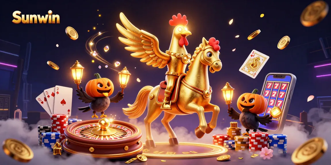 Play dynamic casino games at Sunwin featuring golden rooster and vibrant slots and chips.