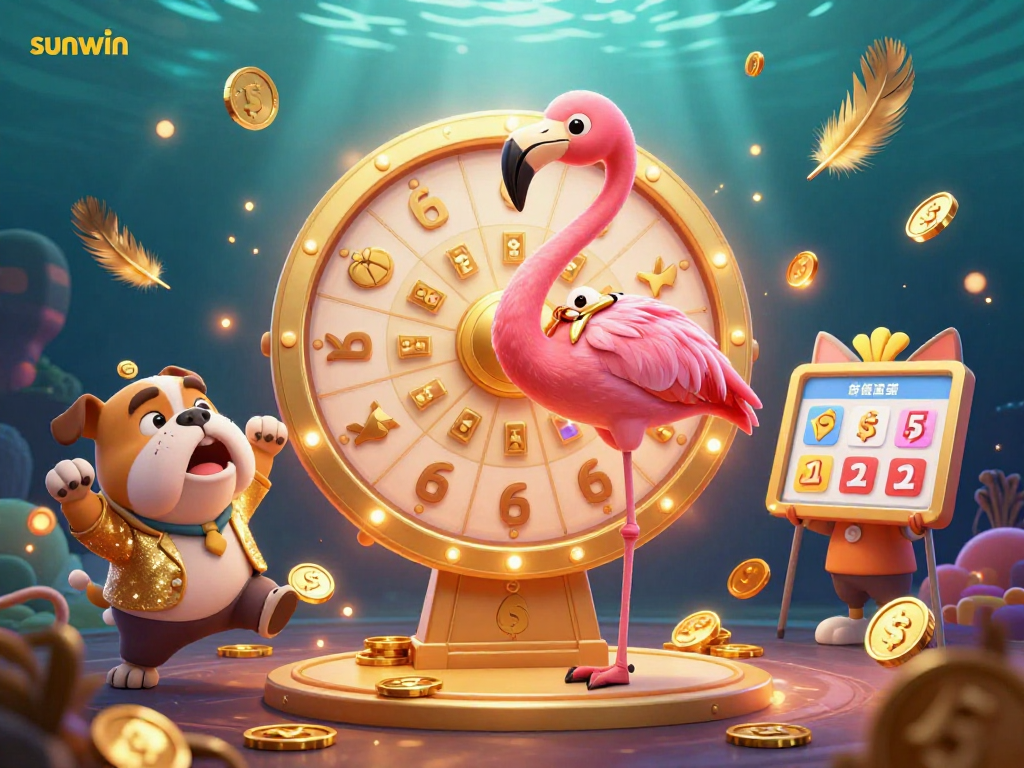 Engage with sunwin's exciting casino experience featuring a game show host flamingo and lively bulldog contestant.