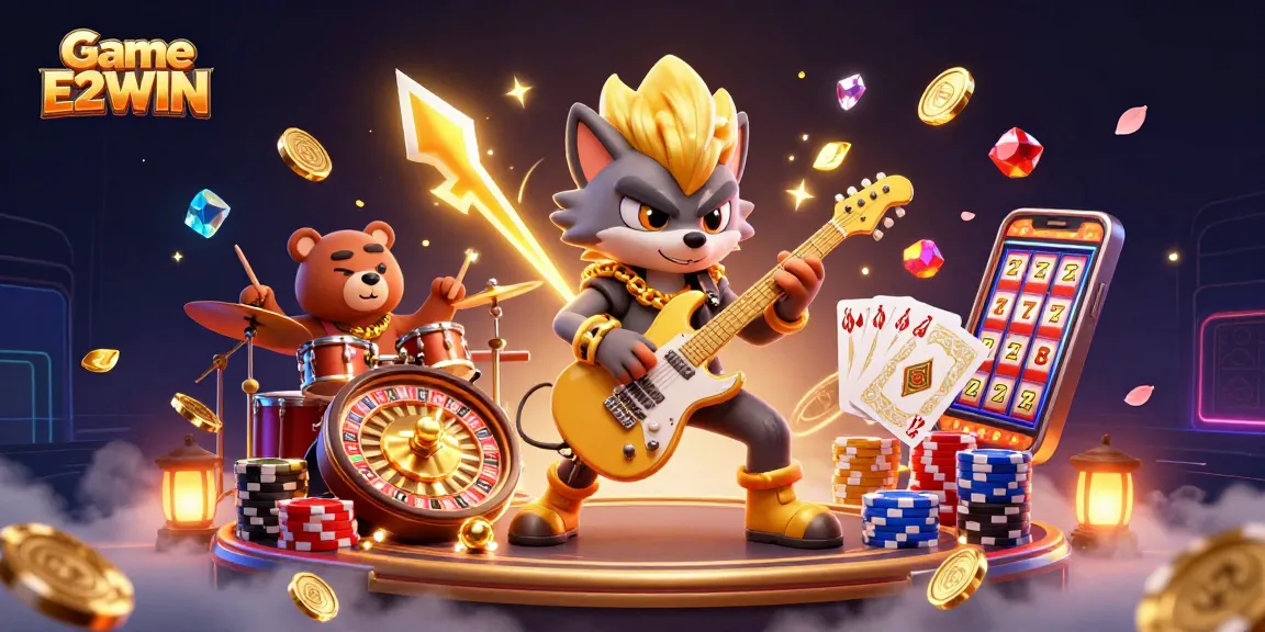 Experience thrilling gameplay with Game E2WIN featuring a rock star wolf and exciting casino action.