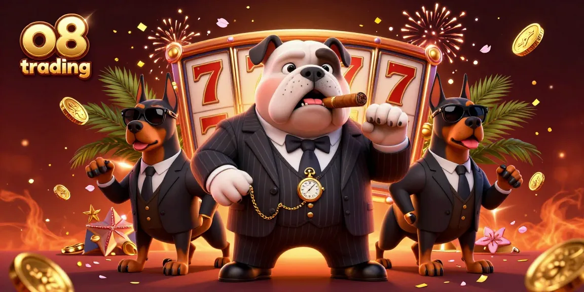 Experience excitement with o8 trading in this lively 3D illustration featuring a mafia boss and slot game elements.
