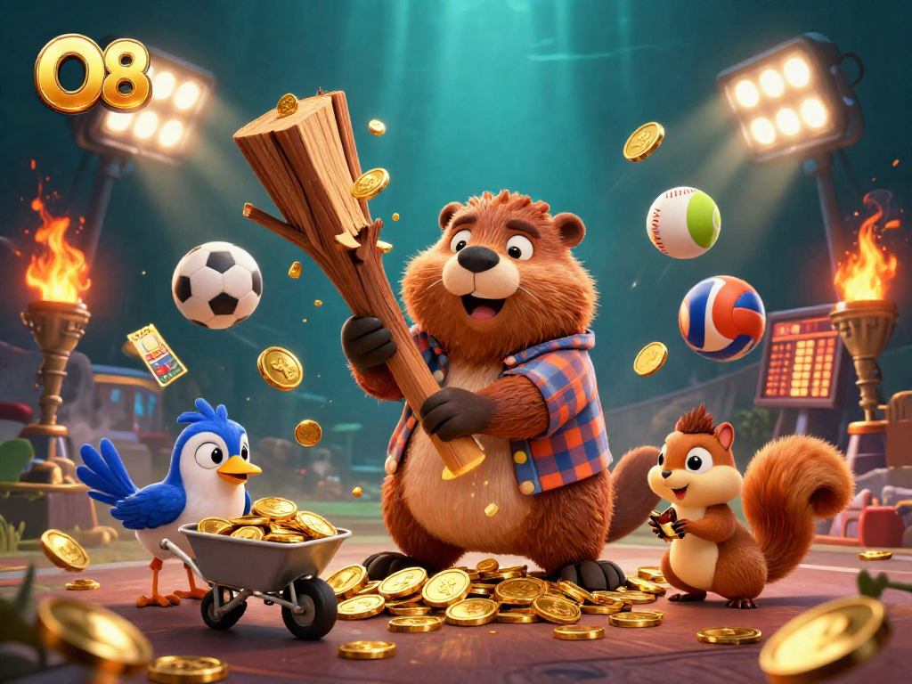 Engaging O8-themed casino illustration with a beaver, sports elements, and golden coins around.