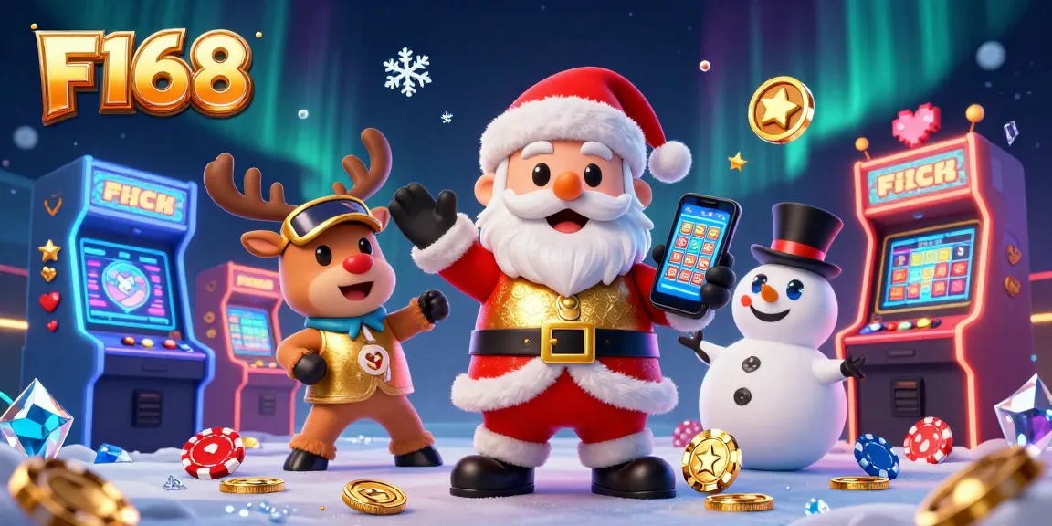 Engage in exciting jackpot slots with F168's dynamic casino scene featuring festive characters.