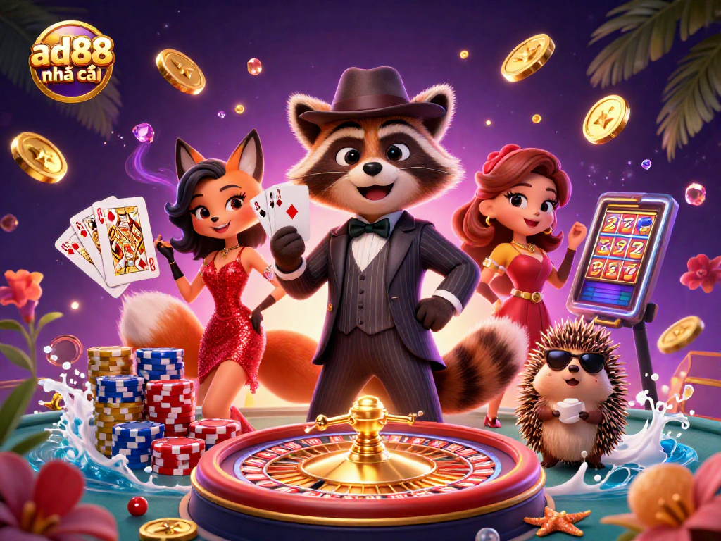 Experience the thrill of ad88 nhà cái with a raccoon, fox, and hedgehog in this vibrant casino scene.