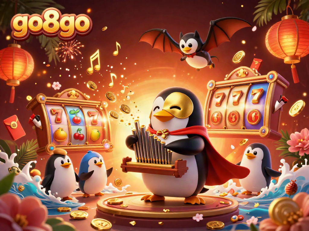 Engage with go8go's thrilling casino experience featuring a penguin playing an organ of golden coins.