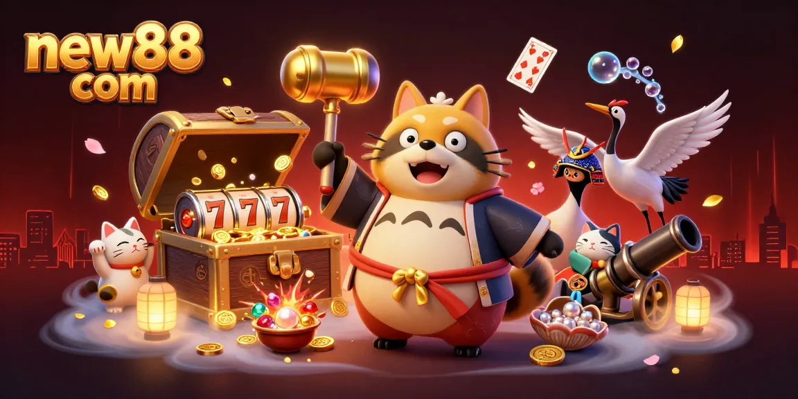 Experience the luck of new88 com with a cheerful tanuki, crane, and waving fortune cats in a vibrant casino scene.