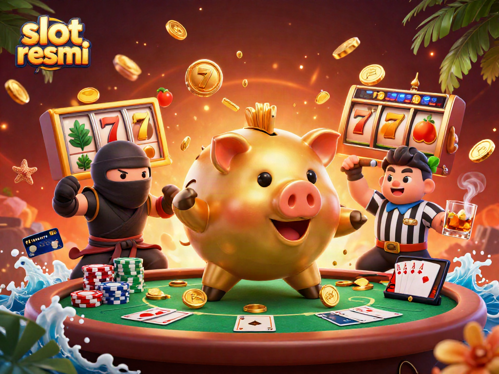 Experience excitement with slot resmi gaming, featuring a piggy bank sumo wrestler and vibrant casino elements.