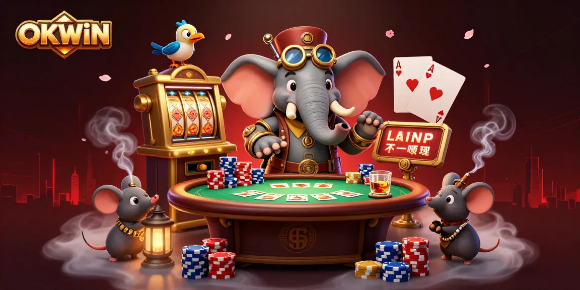 OKWIN captures thrilling moments of a steampunk elephant operating a golden slot machine in a dynamic casino scene.