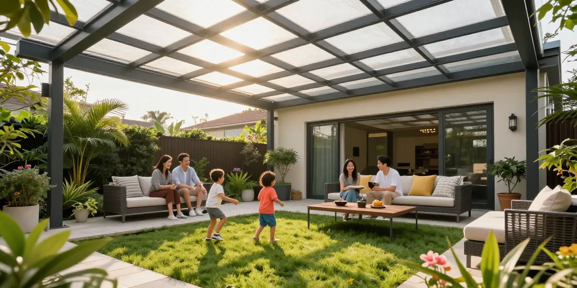 Freistehende Terrassenüberdachung in einem modernen Garten mit Familie und Kindern.