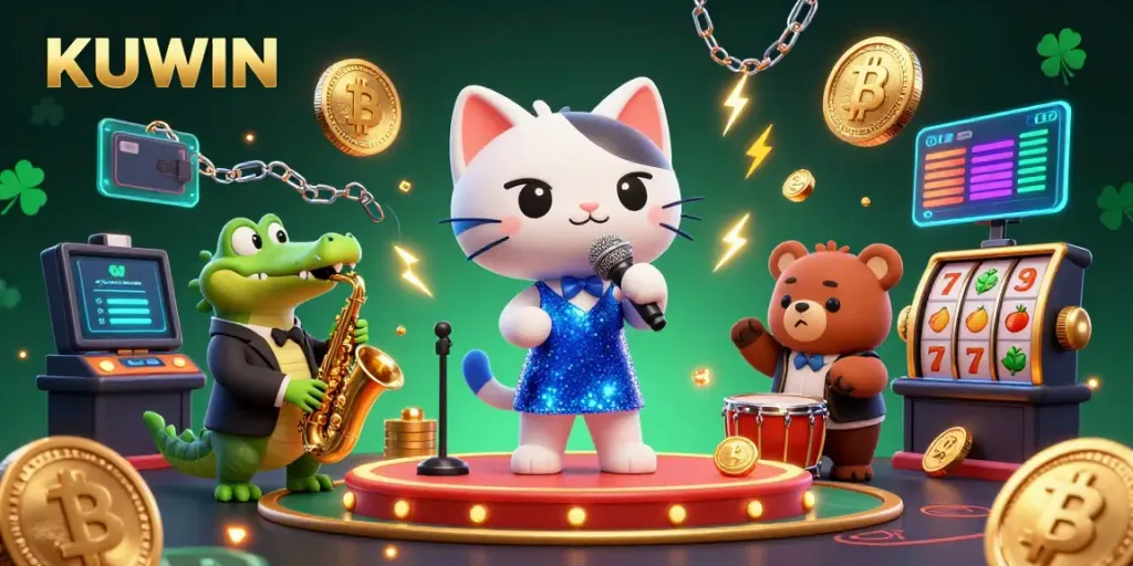 KUWIN invites players into a lively crypto casino scene with vibrant characters and exciting game elements.