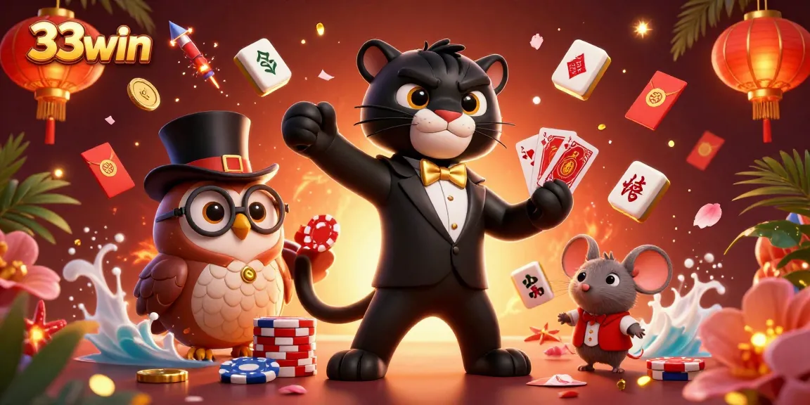 33win showcases an exciting card game scene with a stylish panther dealer, vibrant elements, and festive decor.