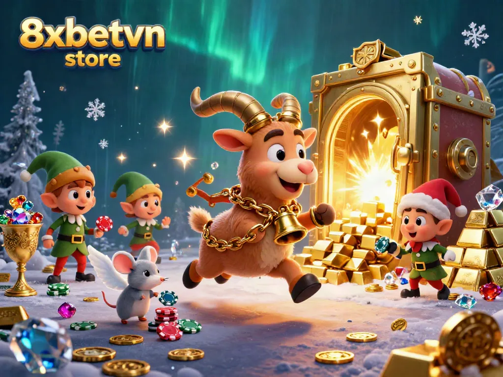 Engage in thrilling games at 8xbetvn store with festive characters in a rich casino scene.