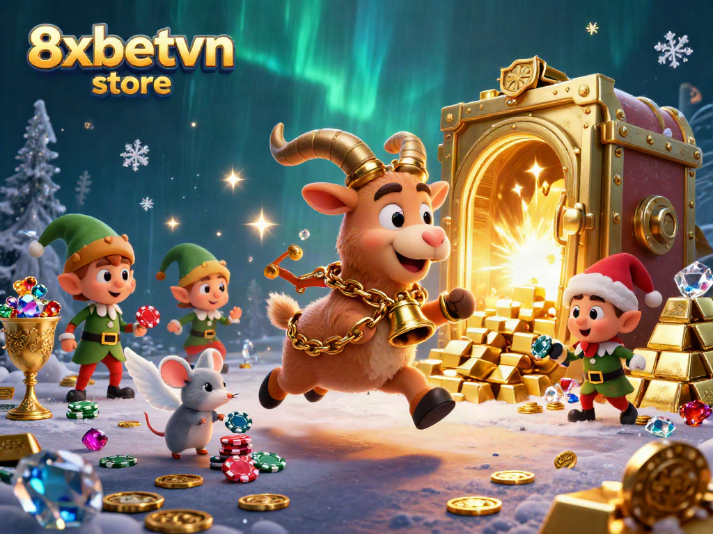 Engage in thrilling games at 8xbetvn store with festive characters in a rich casino scene.