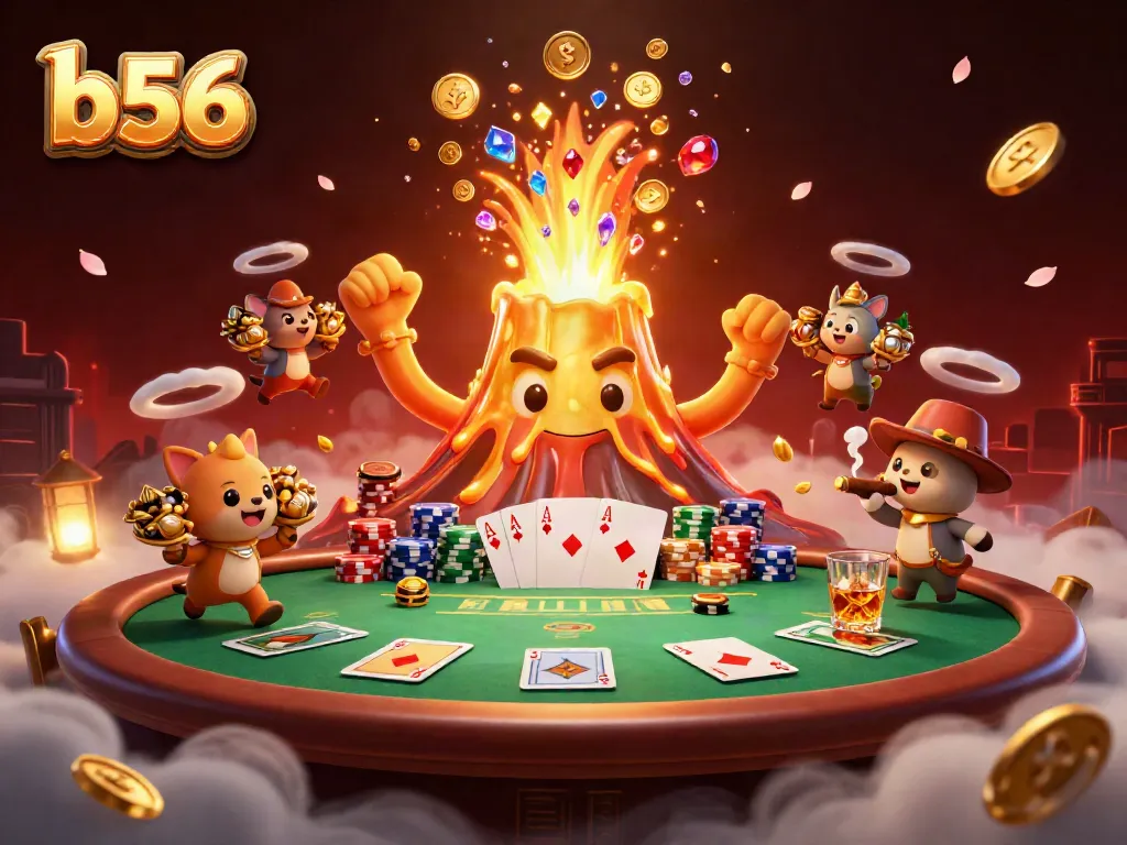 Engage in the thrill of b56 gaming with vibrant scenes of treasure and poker excitement.