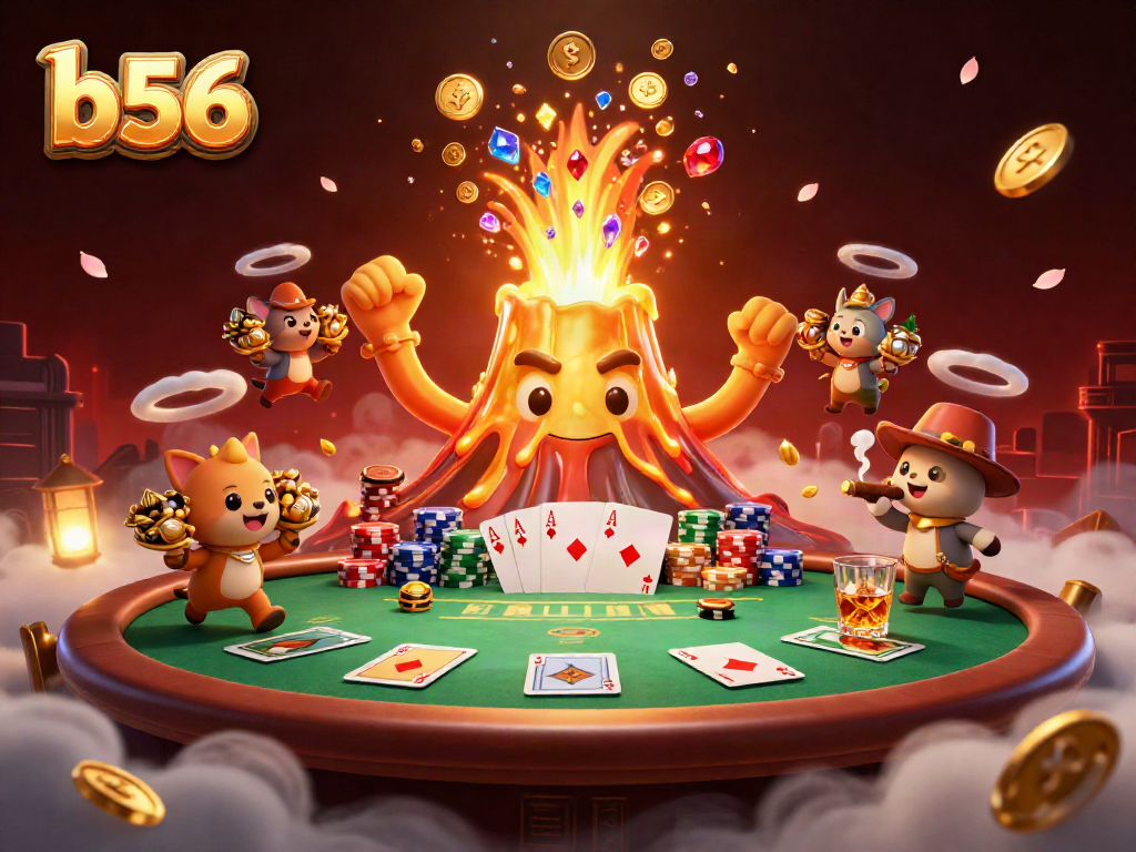 Engage in the thrill of b56 gaming with vibrant scenes of treasure and poker excitement.