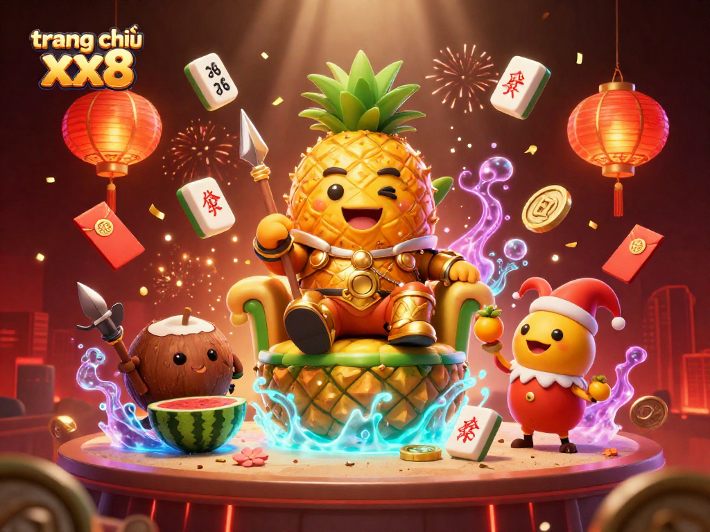 Spin the reels with the golden pineapple king at trang chủ xx8 in a vibrant casino scene.