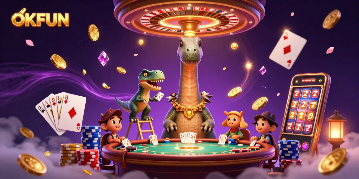 Experience the excitement of OKFUN with a thrilling scene of whimsical characters in a lively casino setting.