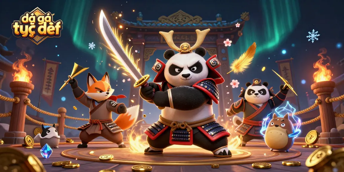 Watch the thrilling đá gà trực tiếp action unfold with a dynamic showdown scene, featuring a fierce samurai panda.