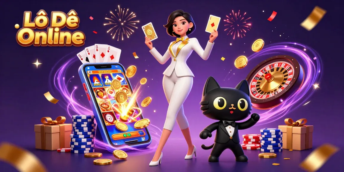 Lô Đề Online scene featuring a stylish woman shuffling cards, celebrating with gifts and confetti.