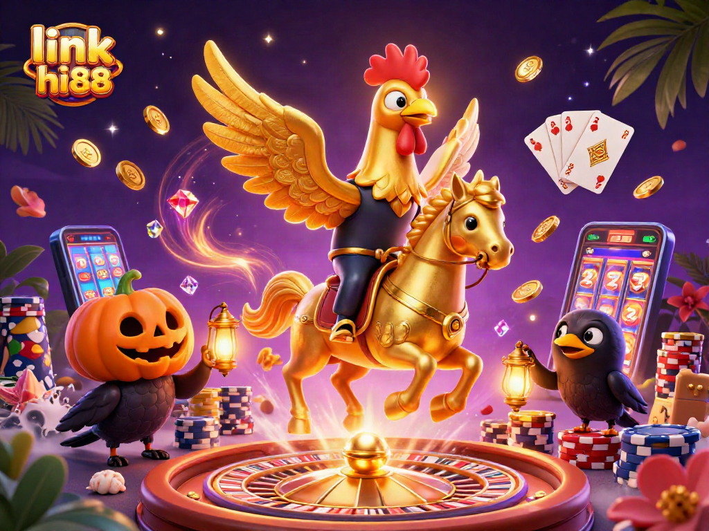 Engage in thrilling gameplay at link hi88 with a dazzling casino scene featuring a golden rooster and festive characters.