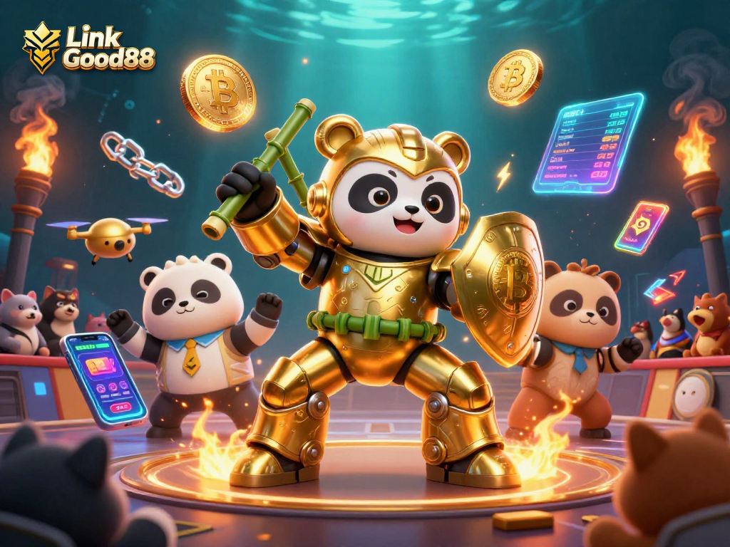 Engage with Link Good88 in a vibrant casino atmosphere featuring gaming characters and crypto elements.