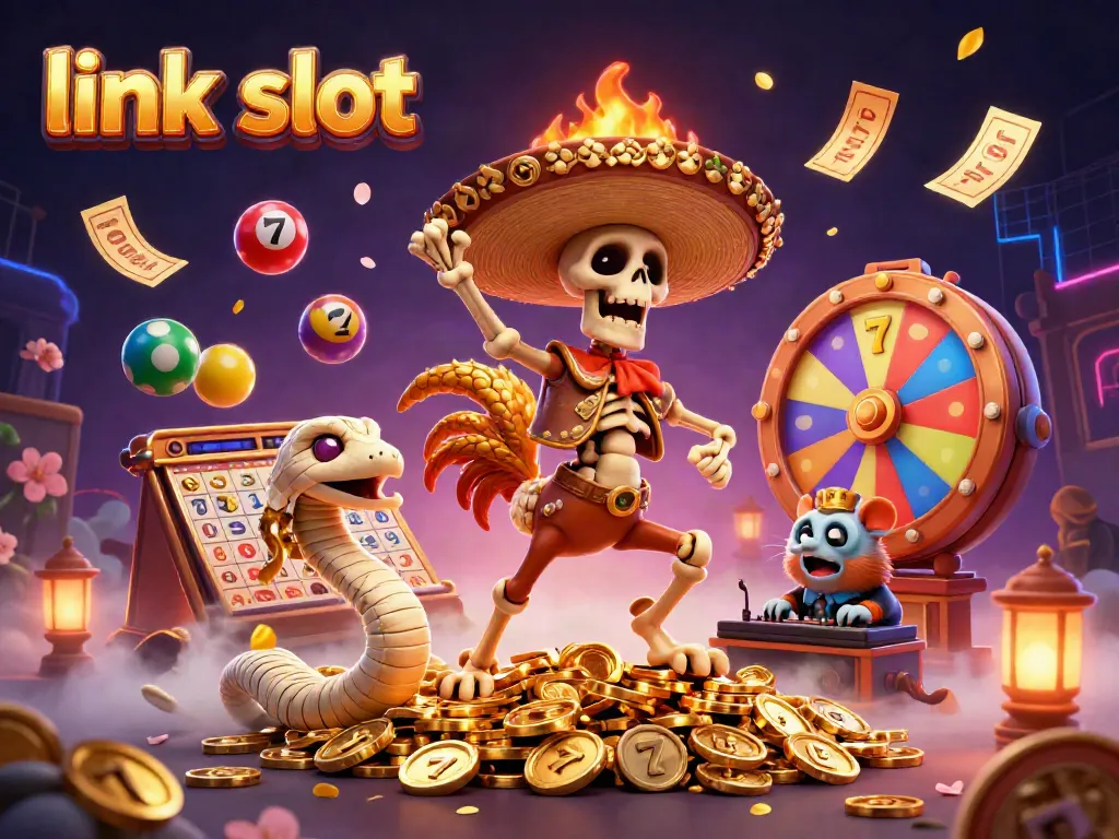 Engage with thrilling link slot action featuring a lively skeleton mariachi rooster, showcasing vibrant gameplay elements in a casino environment.