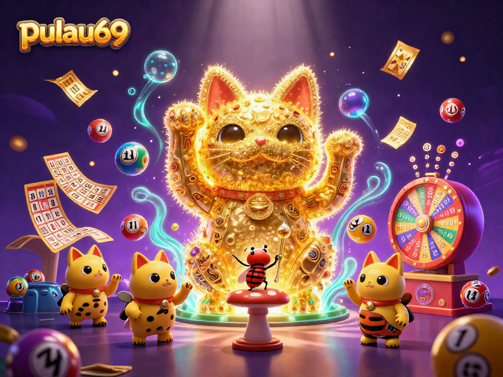 Experience pulau69's thrilling atmosphere with a golden cat, colorful balls, and vibrant casino elements.