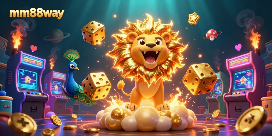 Spin and win big with mm88way's dynamic casino illustration featuring a roaring lion and golden dice.