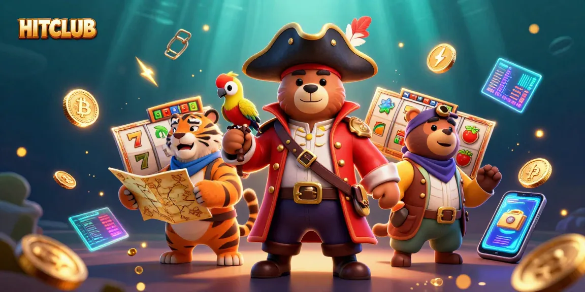 Engaging HITCLUB scene showcasing a pirate bear, tiger, and parrot amid a vibrant gambling atmosphere