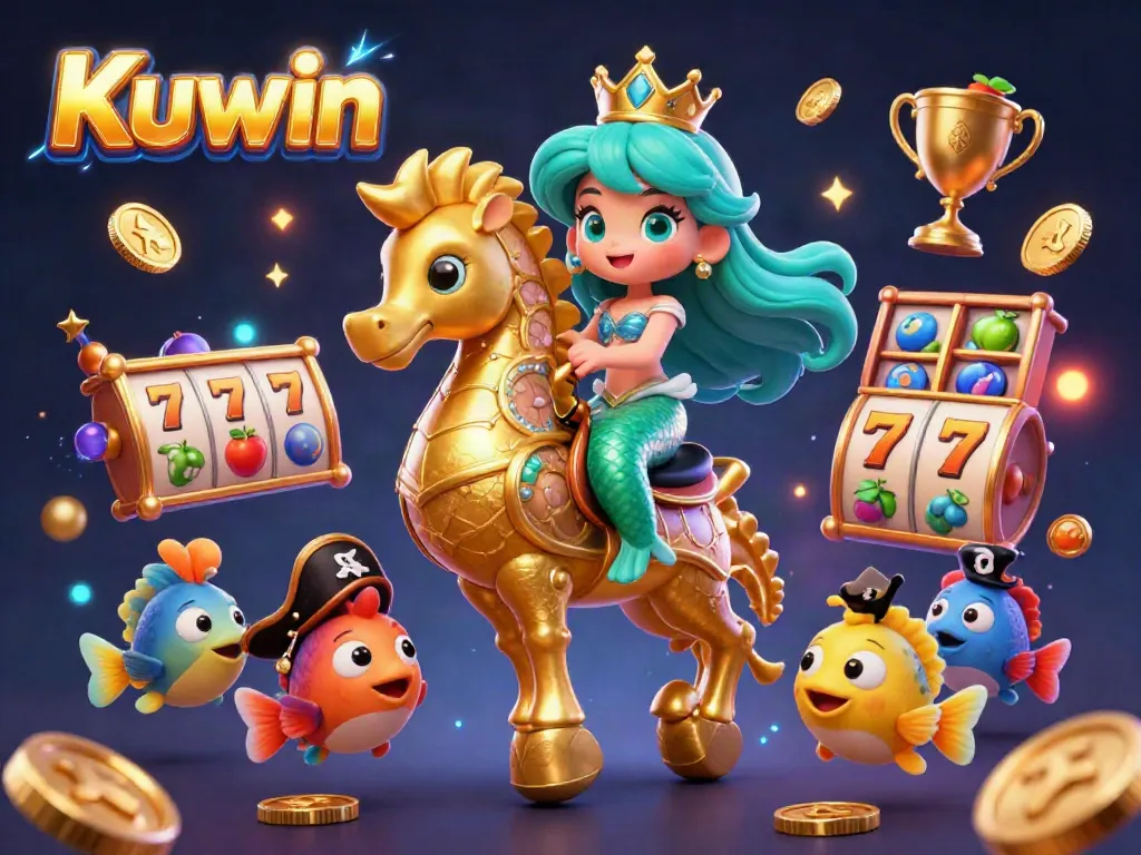 Kuwin's vibrant 3D casino scene with a mermaid and seahorse, showcasing dynamic slot elements.