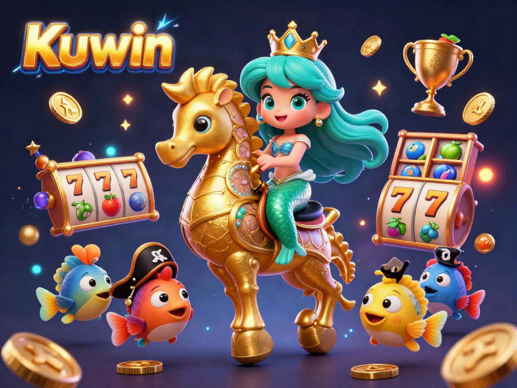 Kuwin's vibrant 3D casino scene with a mermaid and seahorse, showcasing dynamic slot elements.