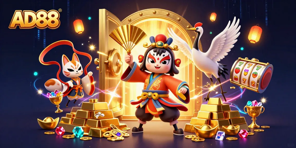 Experience winning excitement and treasures with AD88 in a vibrant casino-themed scene.