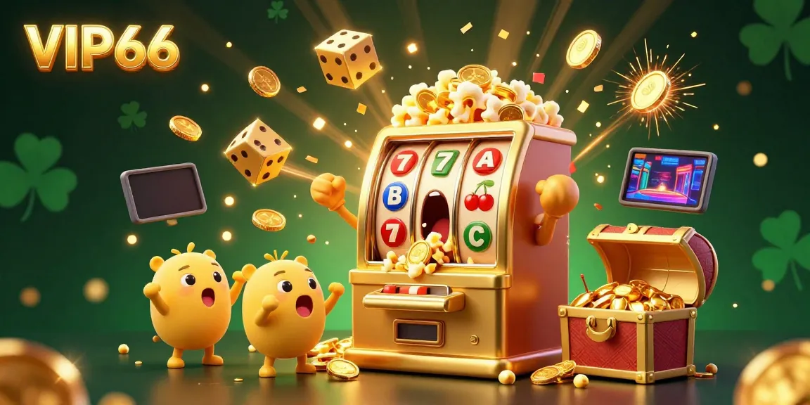 Experience the excitement of VIP66 with a vibrant 3D scene showcasing a golden slot machine celebrating a jackpot.