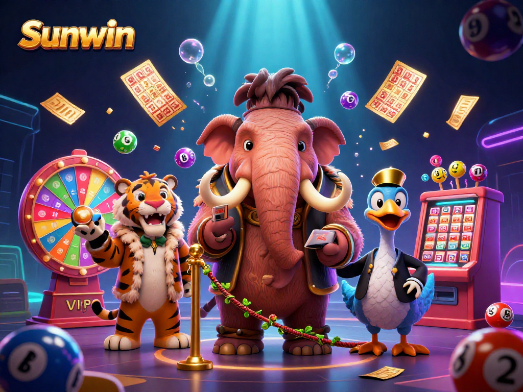Experience the vibrant fun at Sunwin with a 3D mammoth ensuring entrance, vibrant lottery elements surrounding.
