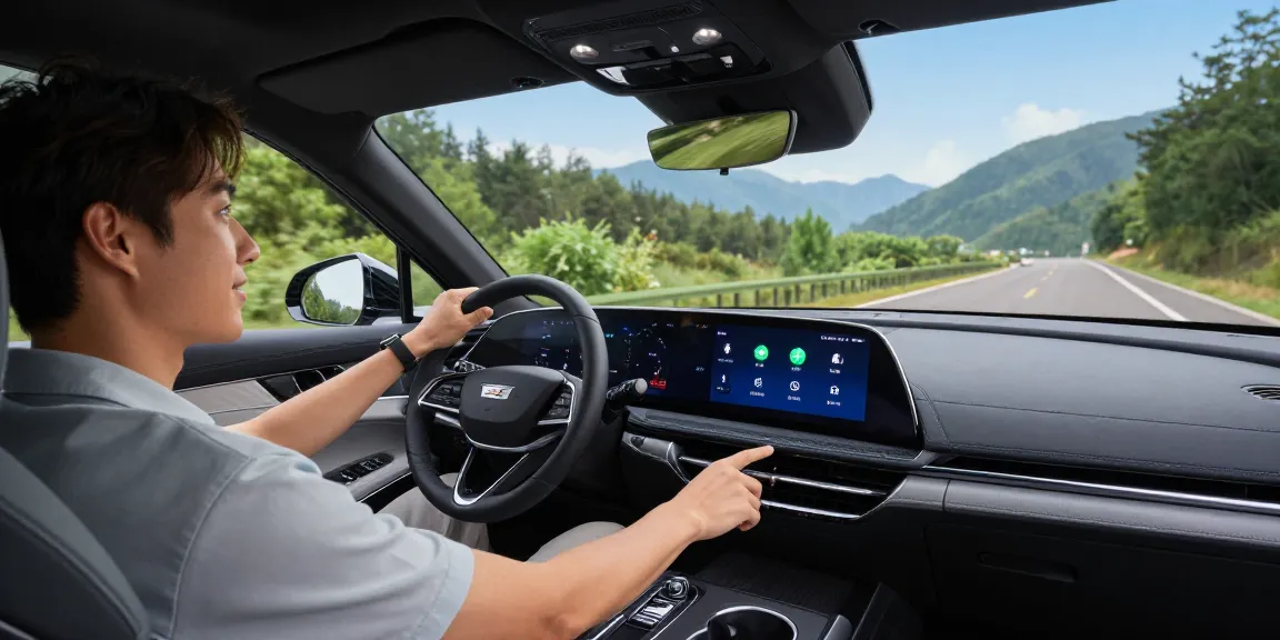 Exploring how do the driving modes in Cadillac Lyriq offer different ranges or battery usages? with friends discussing while adjusting the settings.
