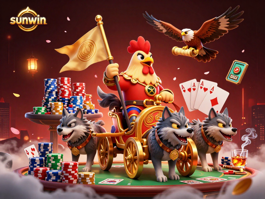 Experience thrilling poker action with sunwin as the rooster warlord leads a grand casino adventure.