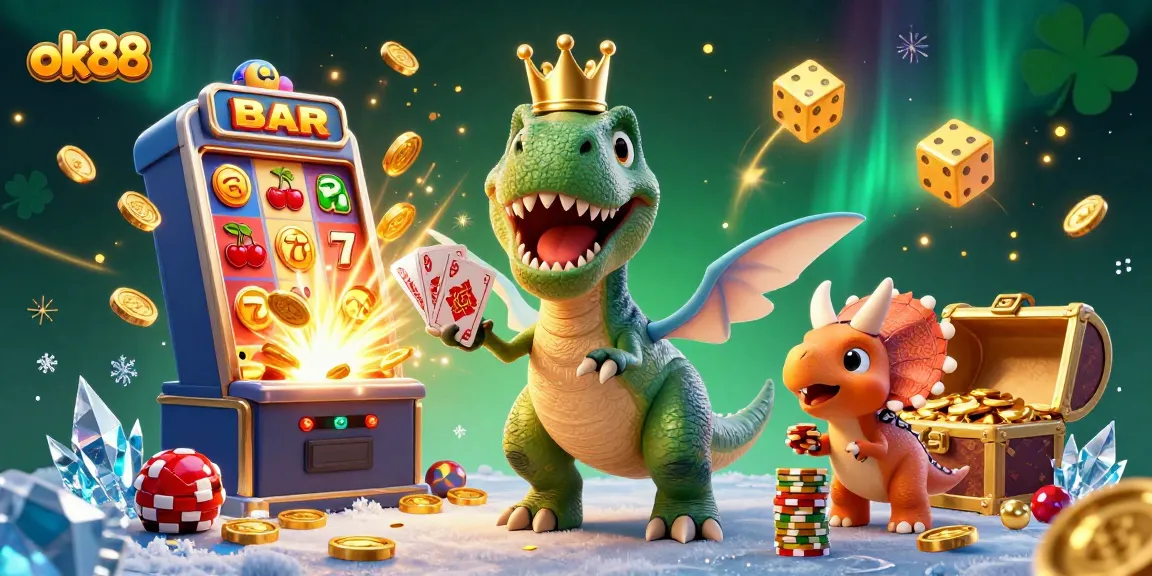 Experience excitement with ok88 as a T-Rex shuffles cards at a vibrant casino scene.