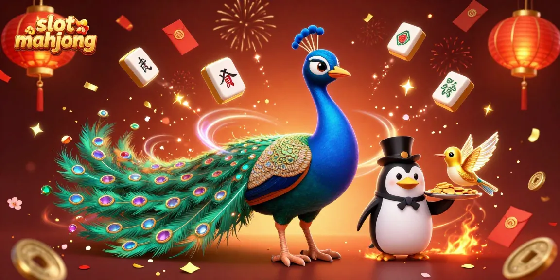 Engage with the vibrant slot mahjong scene featuring a peacock, penguin, and hummingbird in a casino atmosphere.